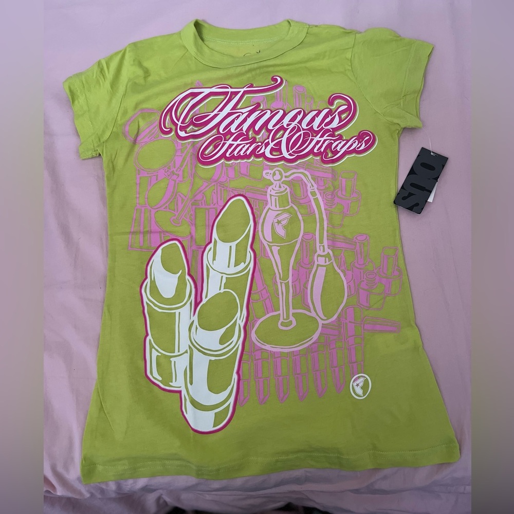 Y2K Famous Stars & Straps Lime Green Tee with Pink Graphics